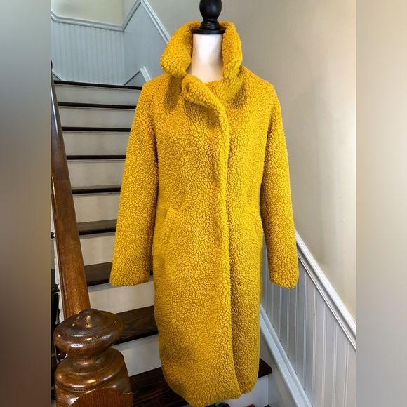 LUCKY BRAND Golden Long Sherpa Teddy Coat w Snap Closure & Hand Pockets Sz XS